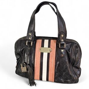 Vintage L.A.M.B. Black Striped Genuine Leather Shoulder Bag, Y2K, Retro